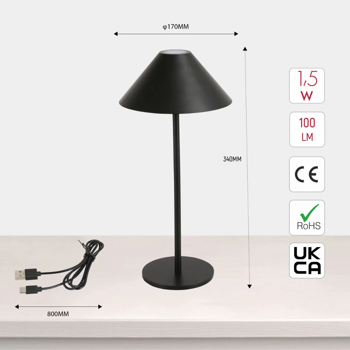 Size and certifications of Rechargeable Dual-Source Cone LED Lamp 130-03746