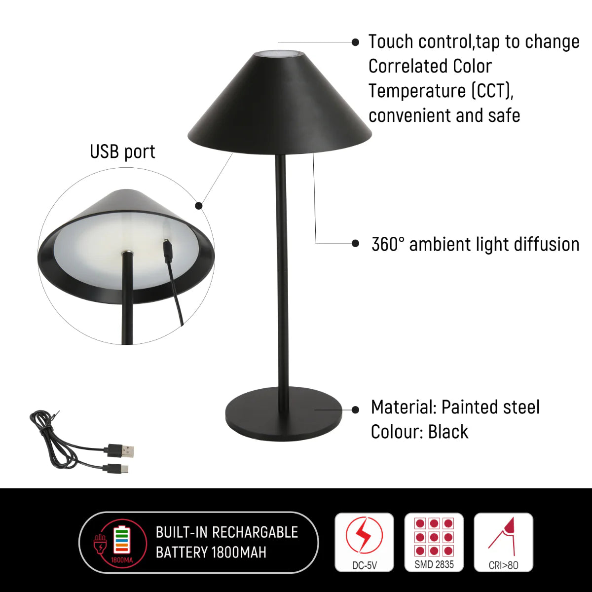 Technical specs of Rechargeable Dual-Source Cone LED Lamp 130-03746