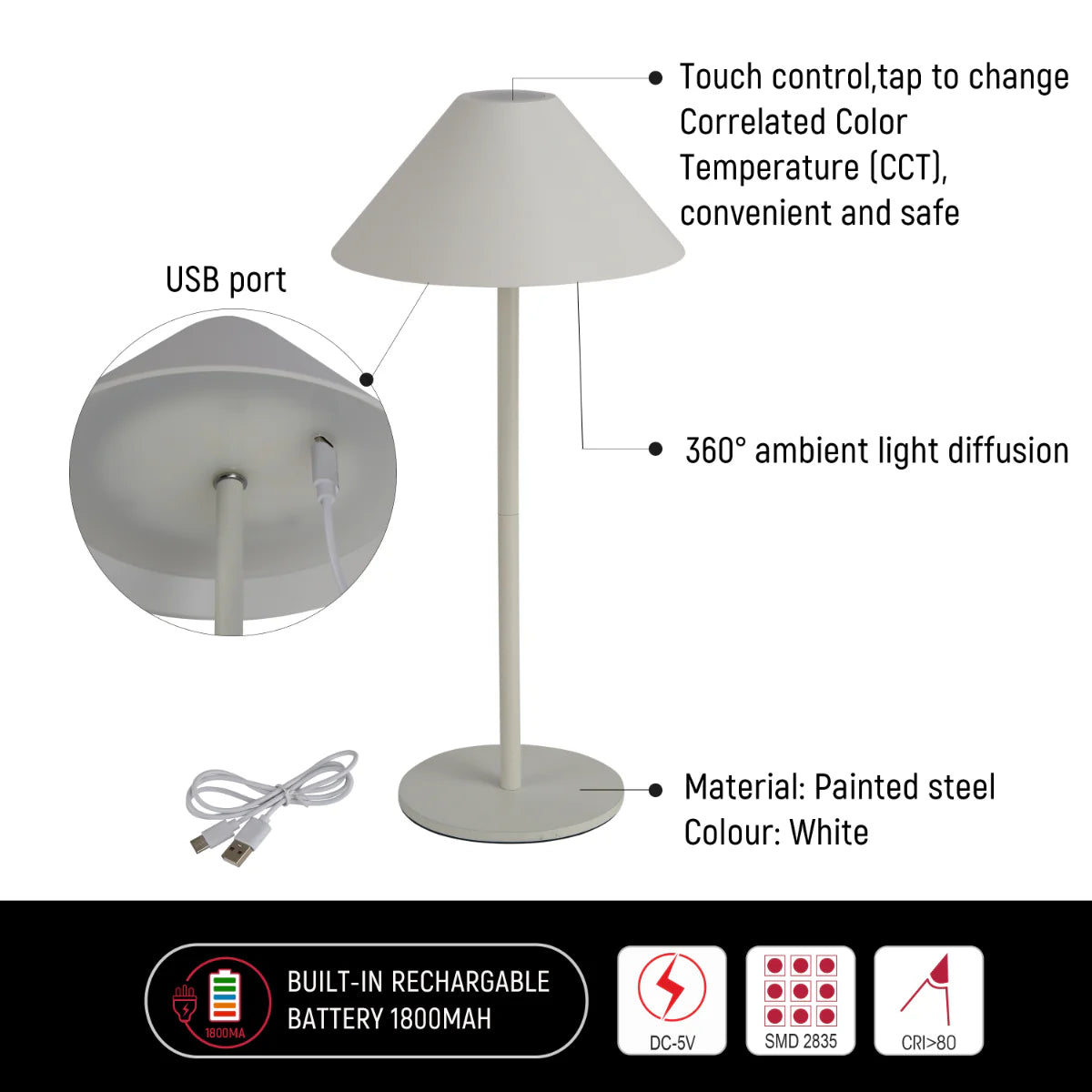 Close shots of Rechargeable Dual-Source Cone LED Lamp 130-03748