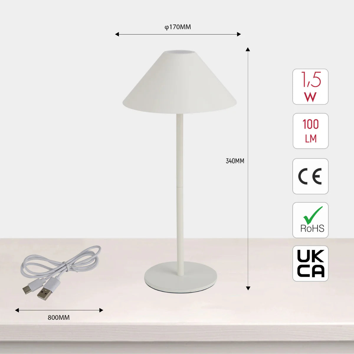 Size and certifications of Rechargeable Dual-Source Cone LED Lamp 130-03748