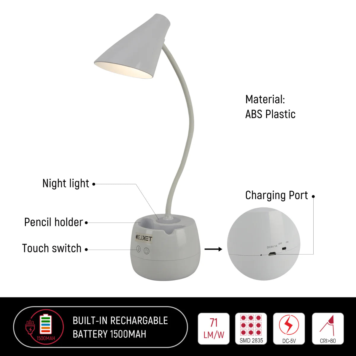 Close shots of Rechargeable Gooseneck Desk Lamp with Cone Head and Pencil Holder 130-03761