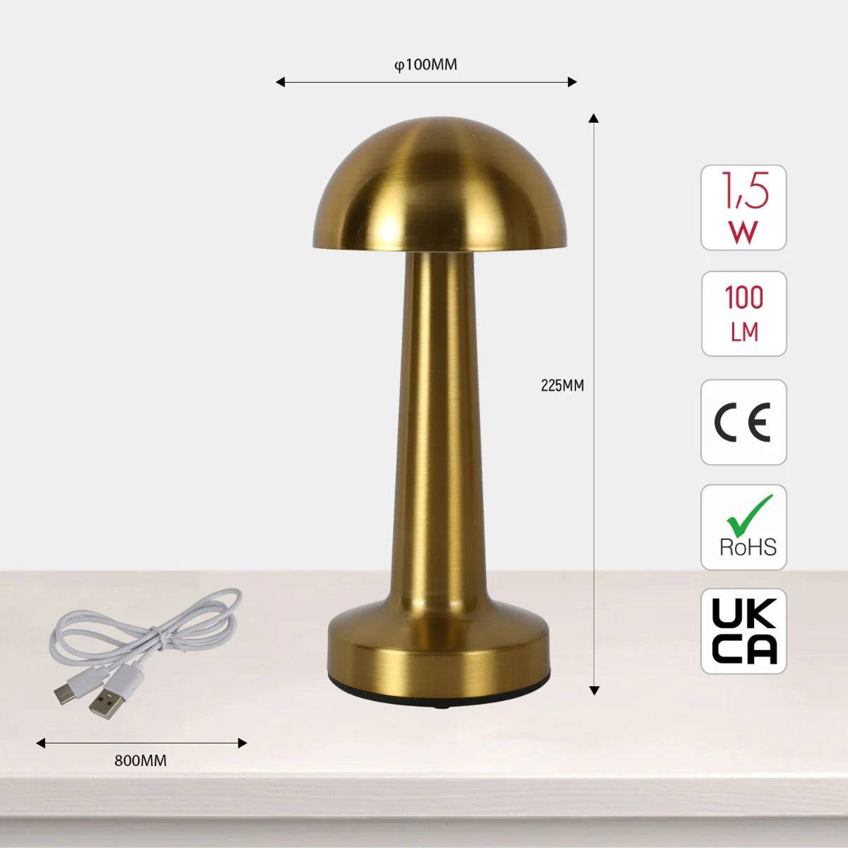 Size and certifications of Rechargeable Steel Mushroom Table Lamp 130-03750