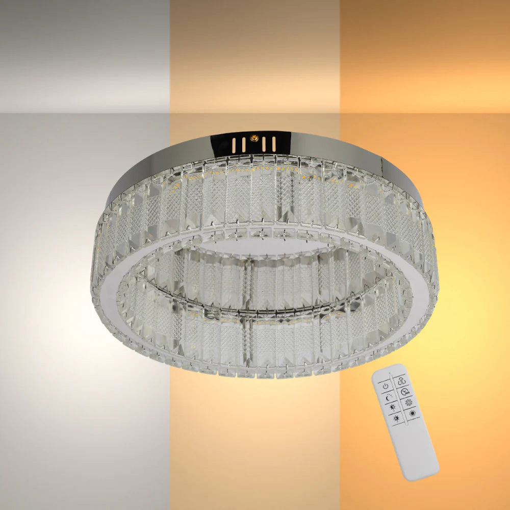 Ring Crystal Chrome Flush Ceiling Chandelier Light with Remote Control 3 Colour