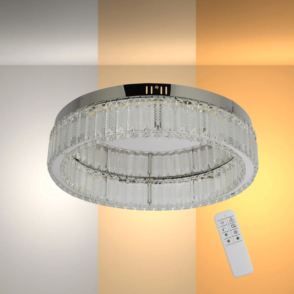 Ring Crystal Chrome Flush Ceiling Chandelier Light with Remote Control 3 Colour