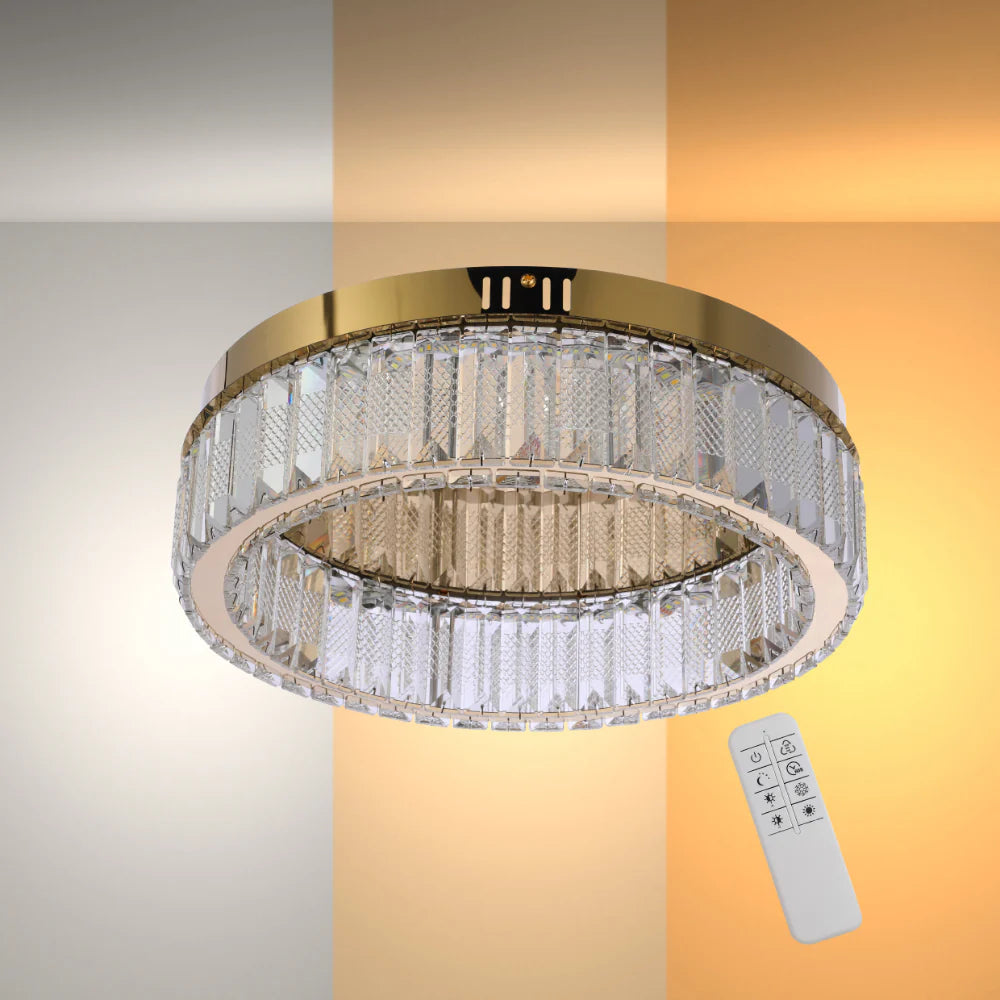 Ring Crystal Gold Flush Ceiling Chandelier Light with Remote Control 3 Colour