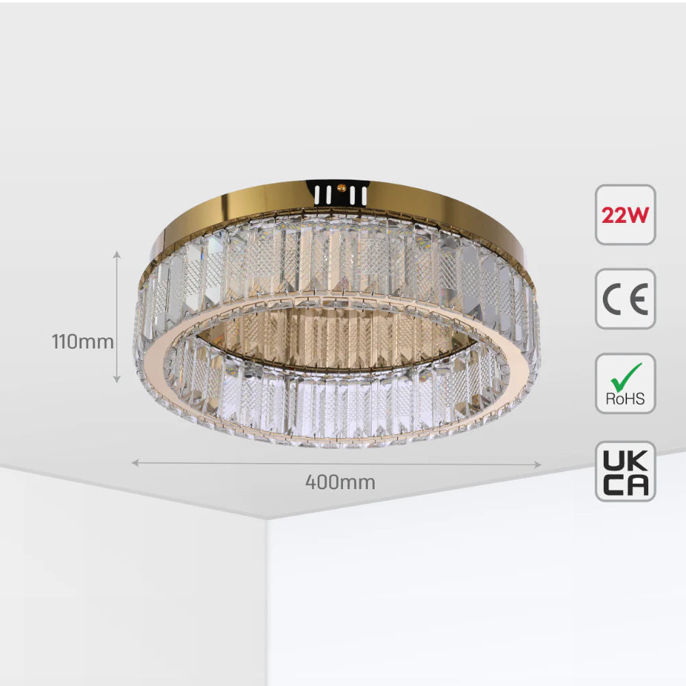 Ring Crystal Gold Flush Ceiling Chandelier Light with Remote Control 3 Colour