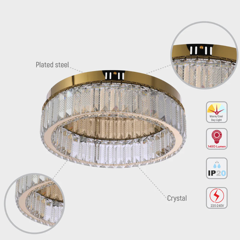 Ring Crystal Gold Flush Ceiling Chandelier Light with Remote Control 3 Colour