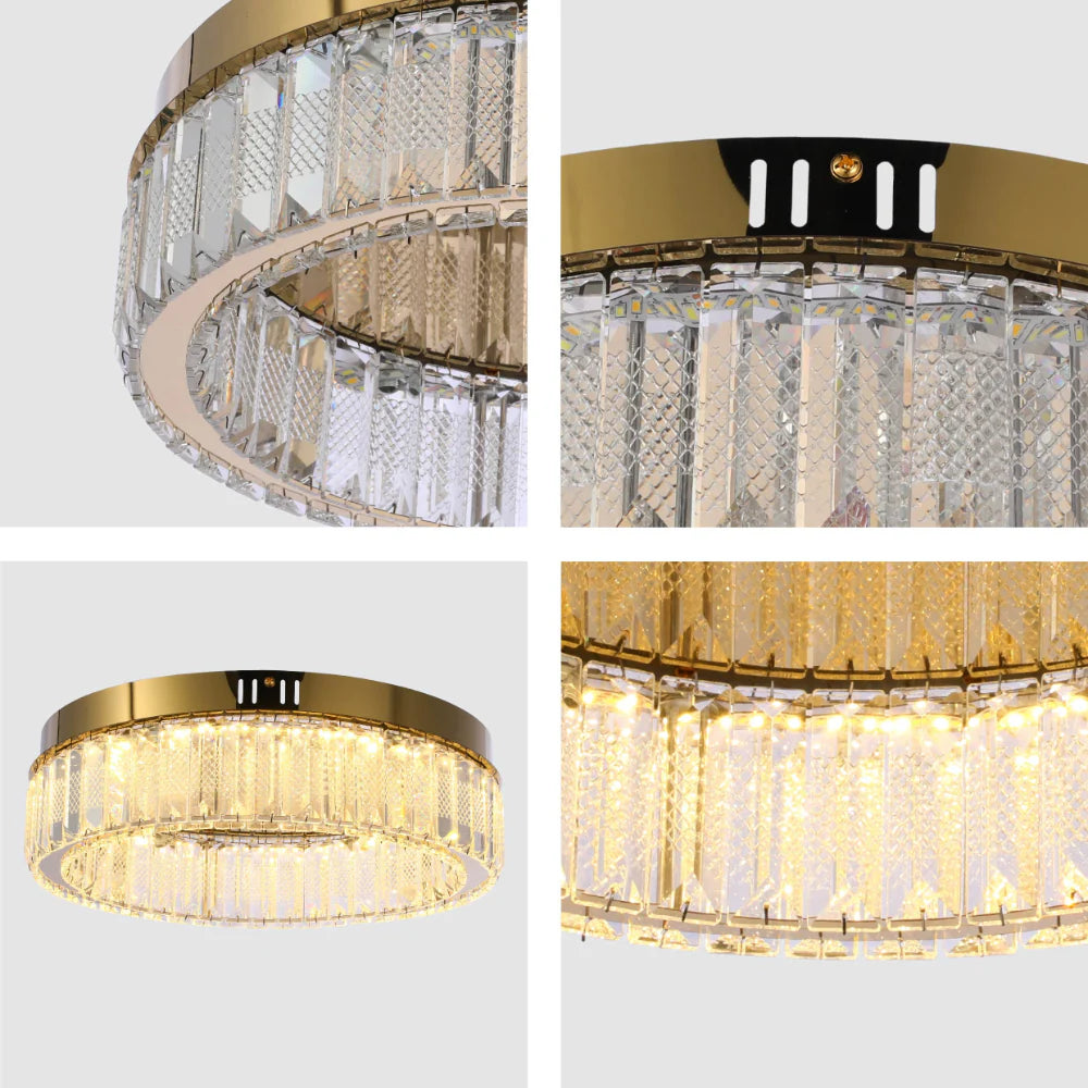 Ring Crystal Gold Flush Ceiling Chandelier Light with Remote Control 3 Colour