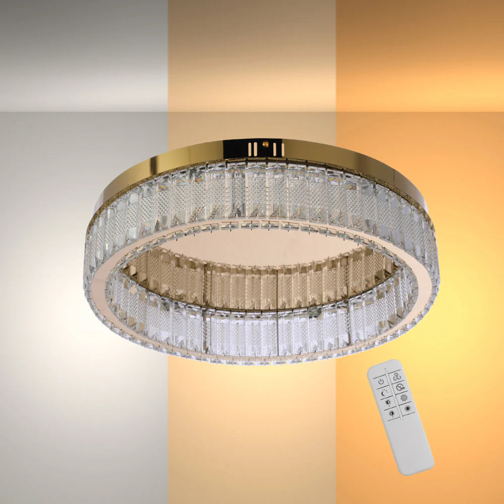 Ring Crystal Gold Flush Ceiling Chandelier Light with Remote Control 3 Colour