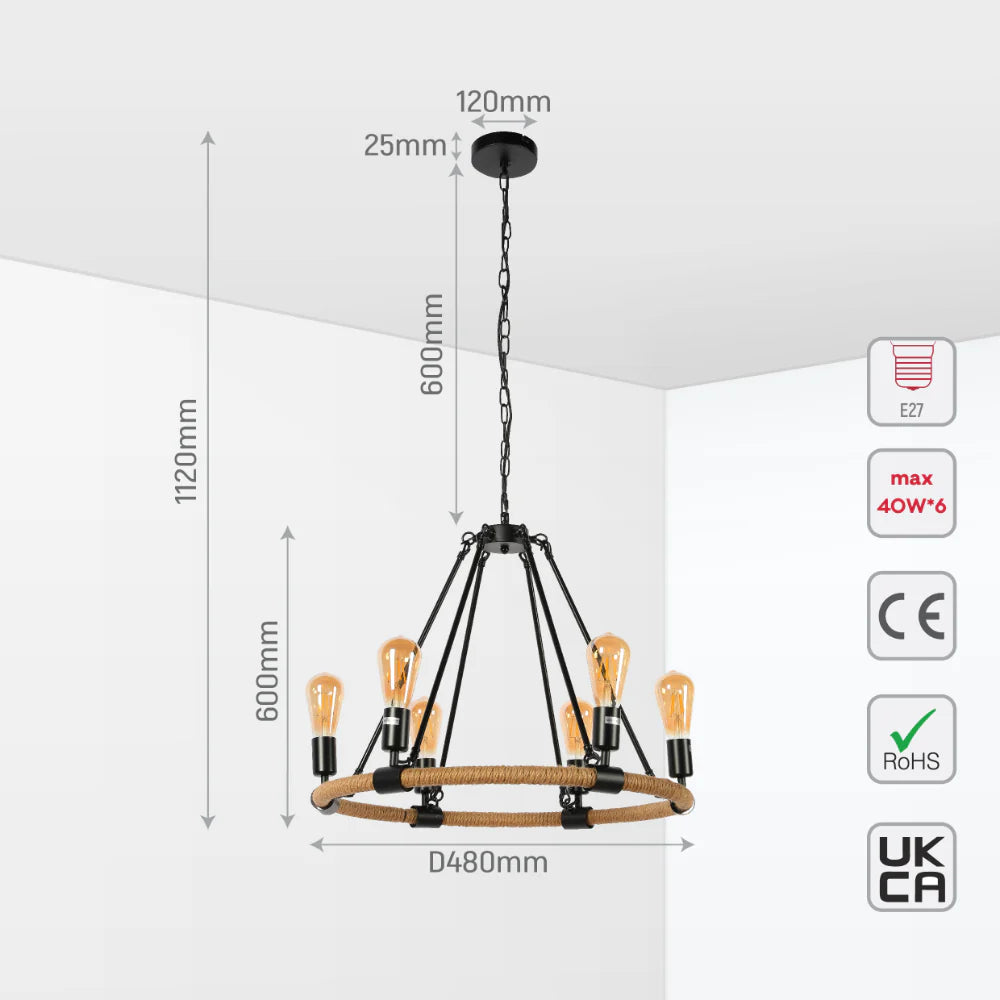 Size and tech specs of Rustic Charm Jute-Wrapped Circle Chandelier | 6-Light Artisanal Accent Fixture | TEKLED 158-17904