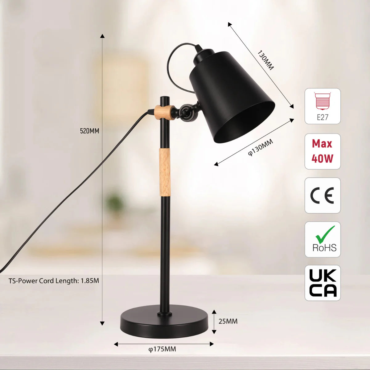 Size and certifications of Scandi Sleek E27 Desk Lamp 130-03702