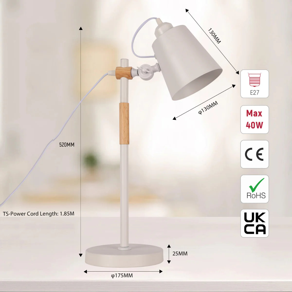 Size and certifications of Scandi Sleek E27 Desk Lamp 130-03704