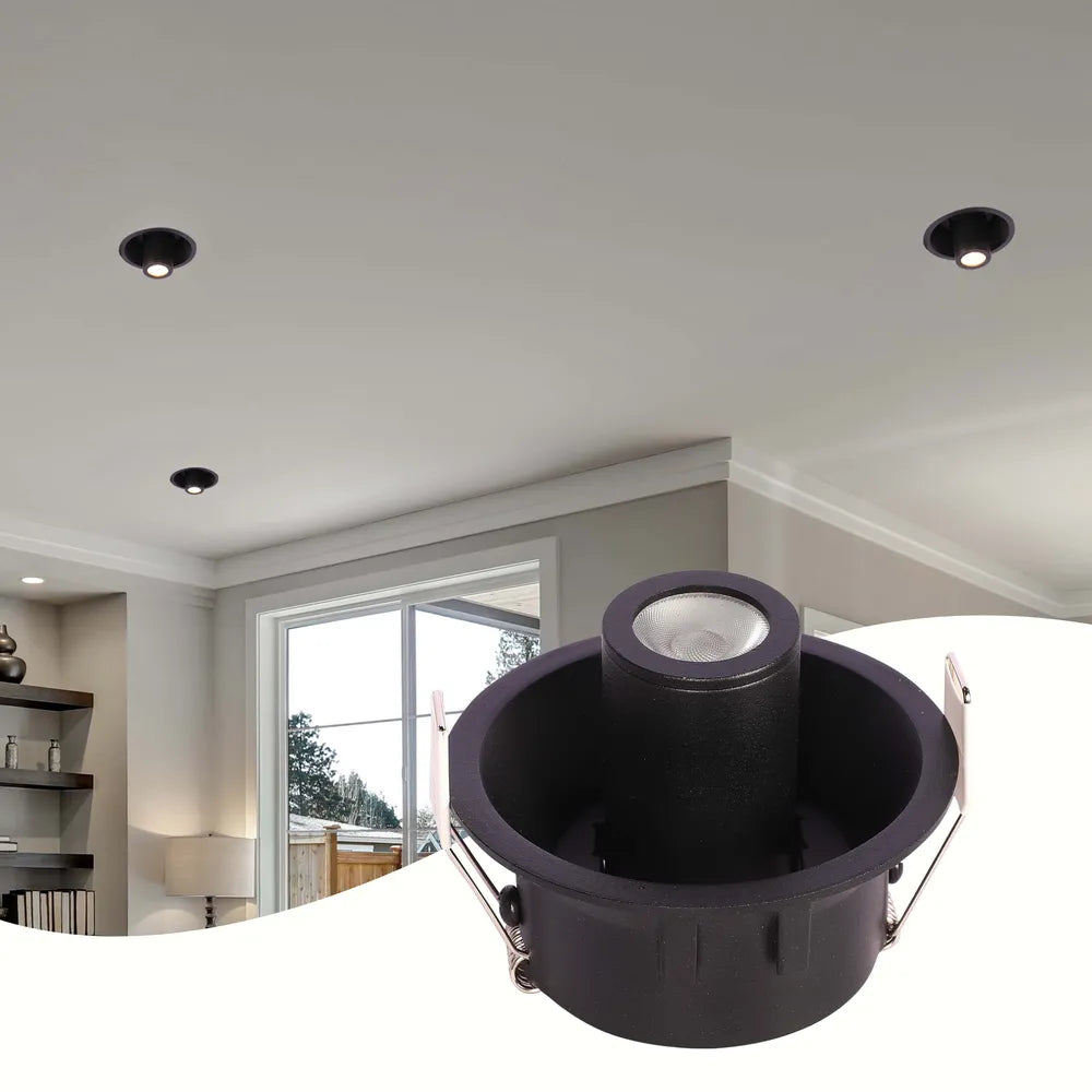 Sleek LED downlight showcasing modern design in a stylish living room setting with contemporary decor, providing bright, adjustable illumination.143-03420