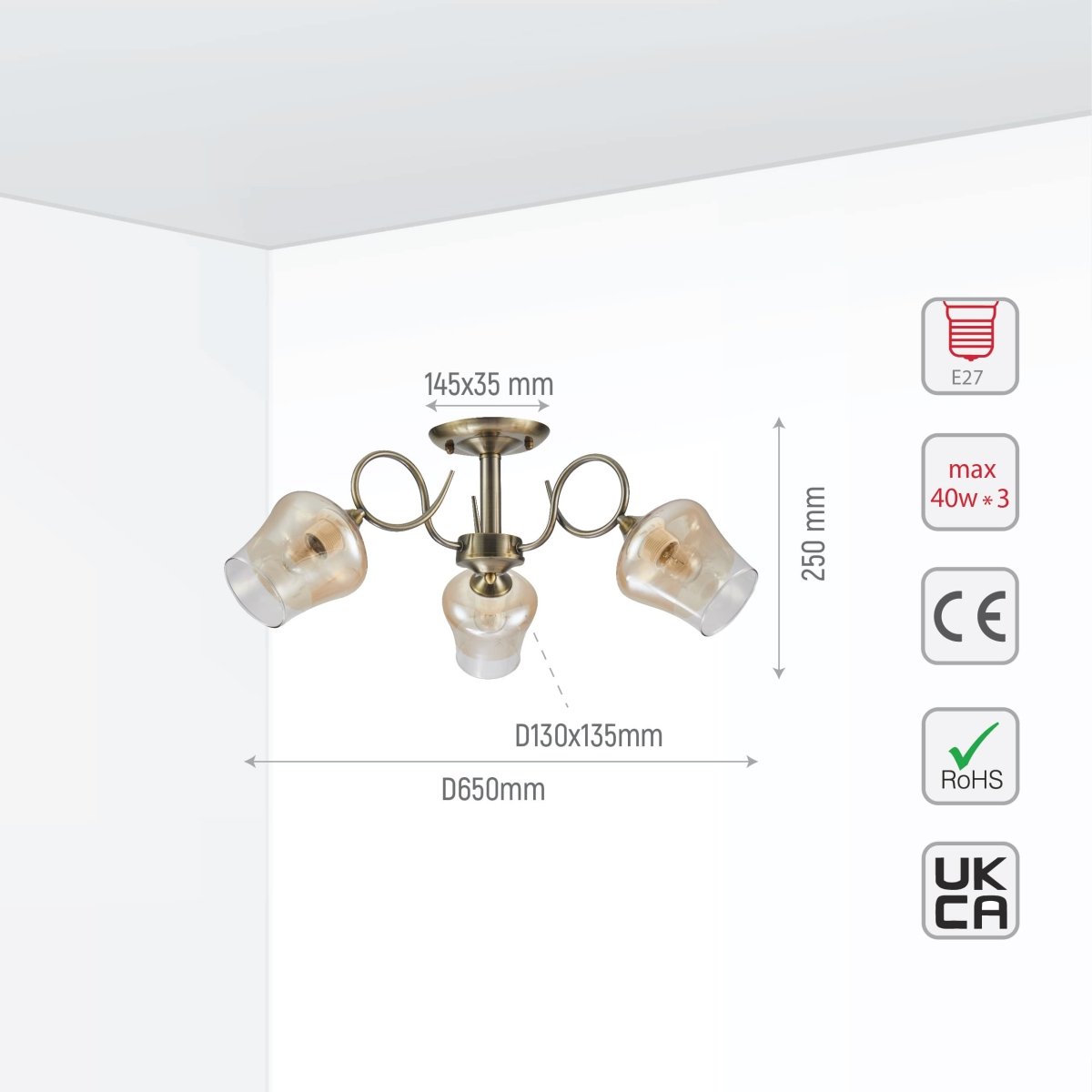 Size and tech specs of Amber Bell Glass Antique Brass Metal Semi Flush Ceiling Light | TEKLED 159-17122