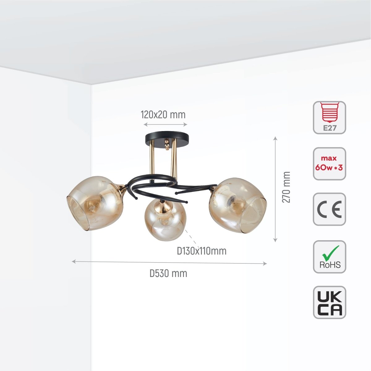 Size and tech specs of Amber Bell Glass Black Gold Metal Semi Flush Ceiling Light | TEKLED 159-17130