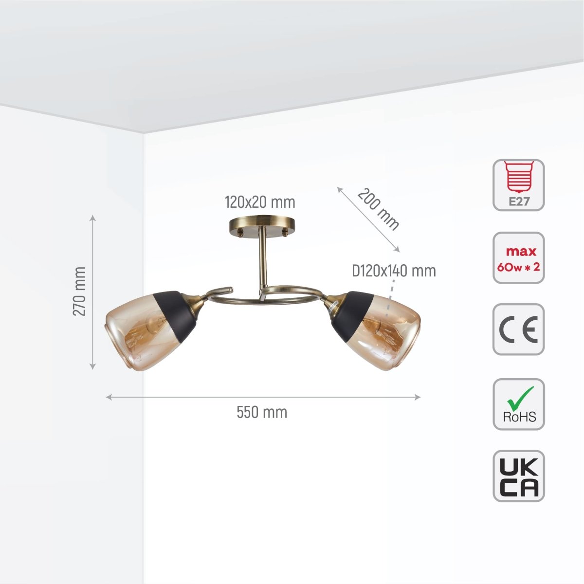 Size and tech specs of Amber Black Bell Glass Antique Brass Metal Spiral Semi Flush Ceiling Light | TEKLED 159-17156