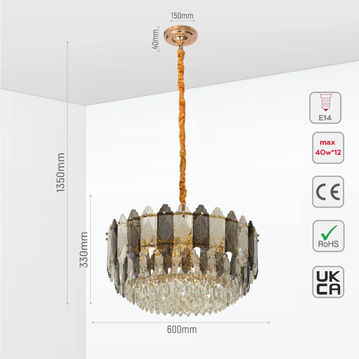 Size and certifications of Deluxe Smoky Clear Crystal Modern Chandelier Light Gold | TEKLED 159-18003