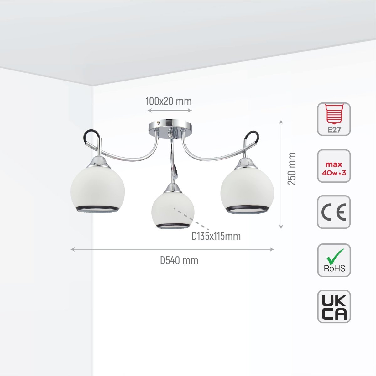 Size and tech specs of Opal Dome Glass Chrome Metal Semi Flush Ceiling Light | TEKLED 159-17580