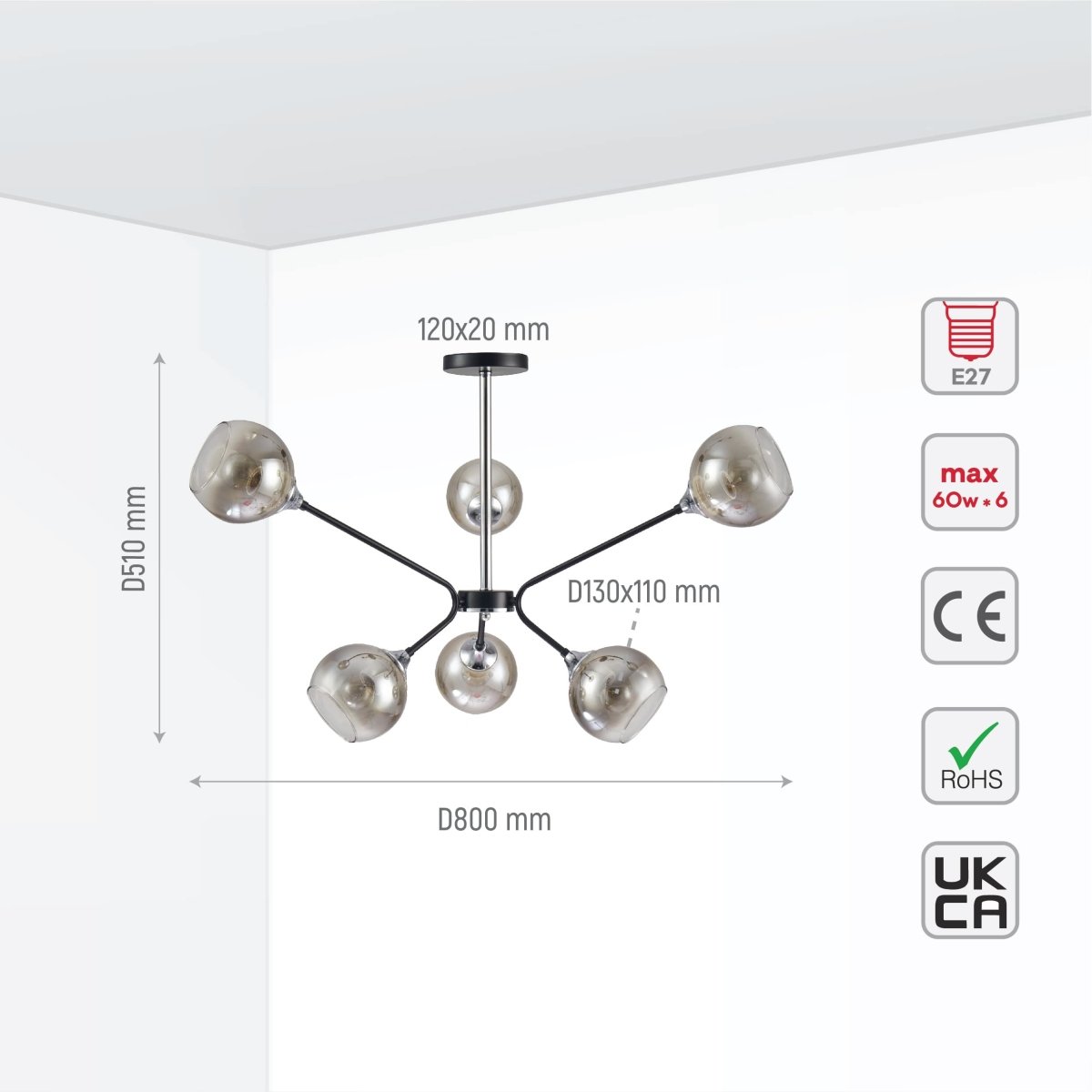 Size and tech specs of Smoky Cone Glass Black Chrome Metal Molecule Modern Ceiling Light | TEKLED 159-17170