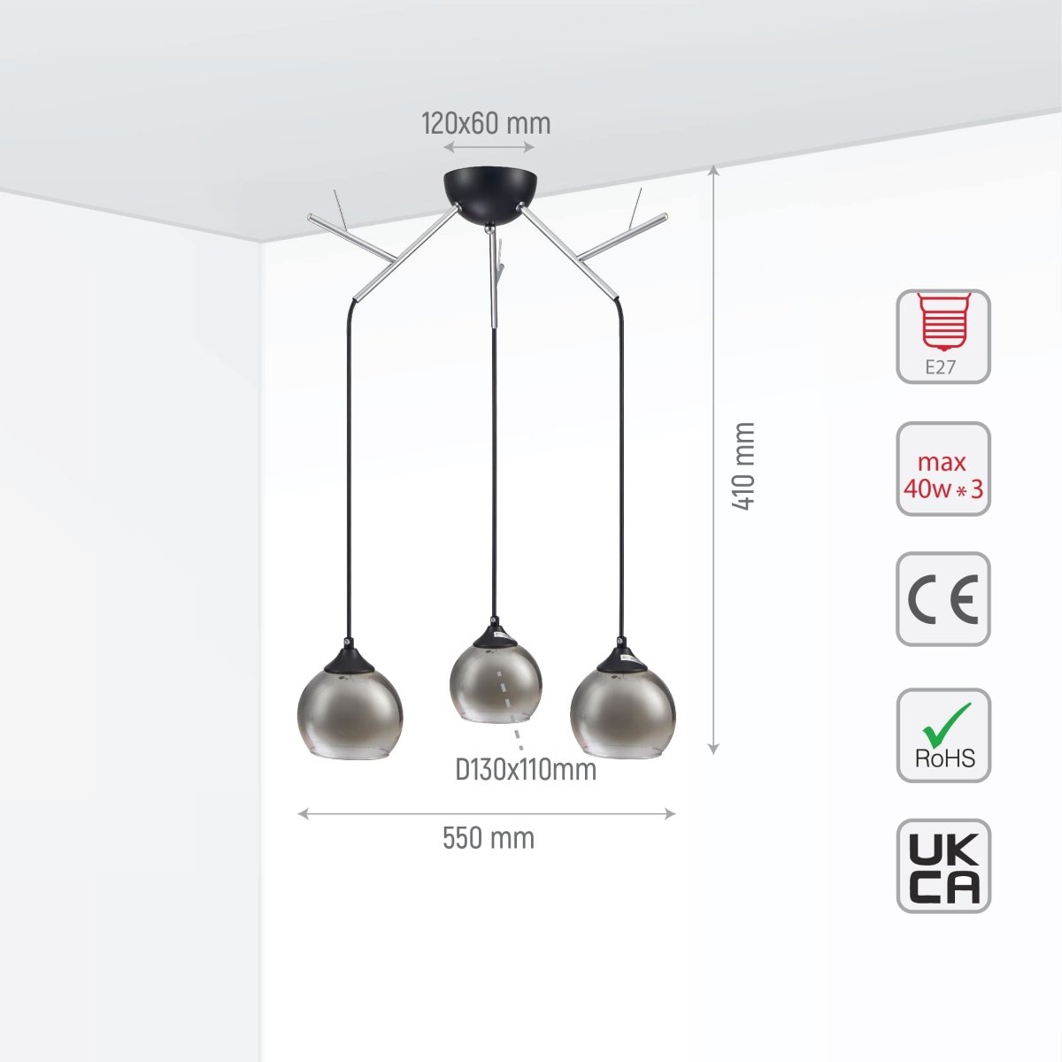 Size and tech specs of Smoky Dome Glass Chrome Twig Modern Ceiling Light | TEKLED 159-17598