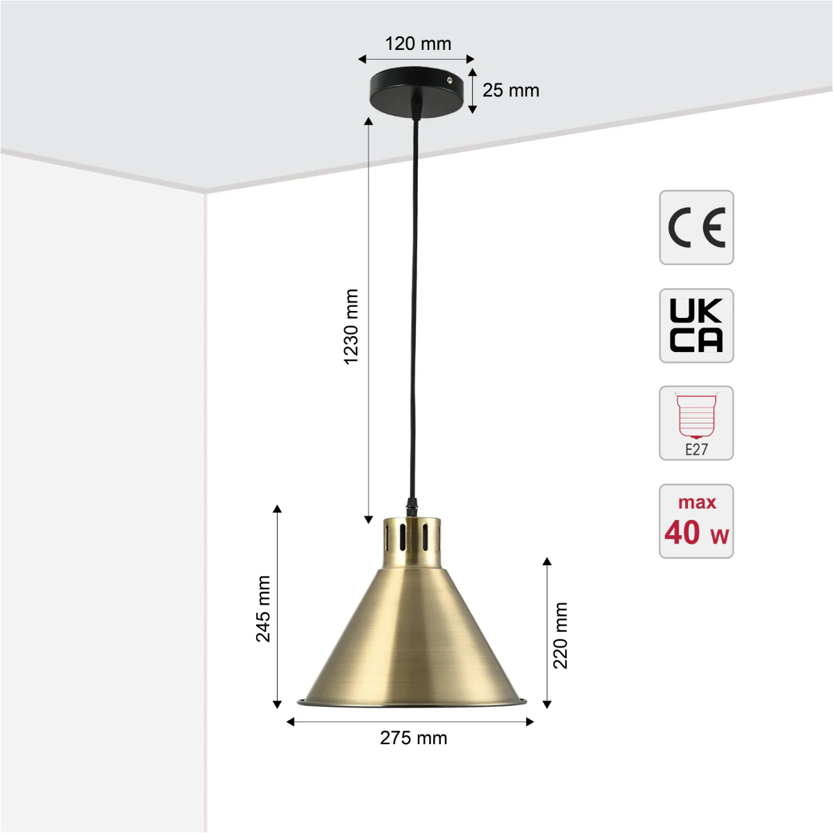 Size and certifications of  Sleek Industrial Cone Pendant Light 150-18434