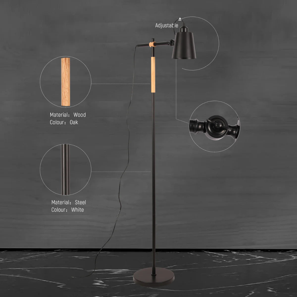 Close shots of Sleek Nordic Floor Lamp with Oak Wood Detail - E27, Black/White 130-03548