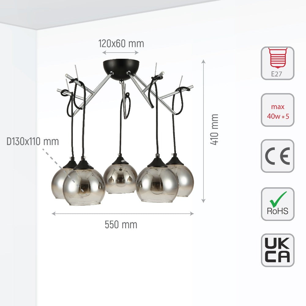 Size and tech specs of Smoky Dome Glass Chrome Twig Modern Ceiling Light | TEKLED 159-17600