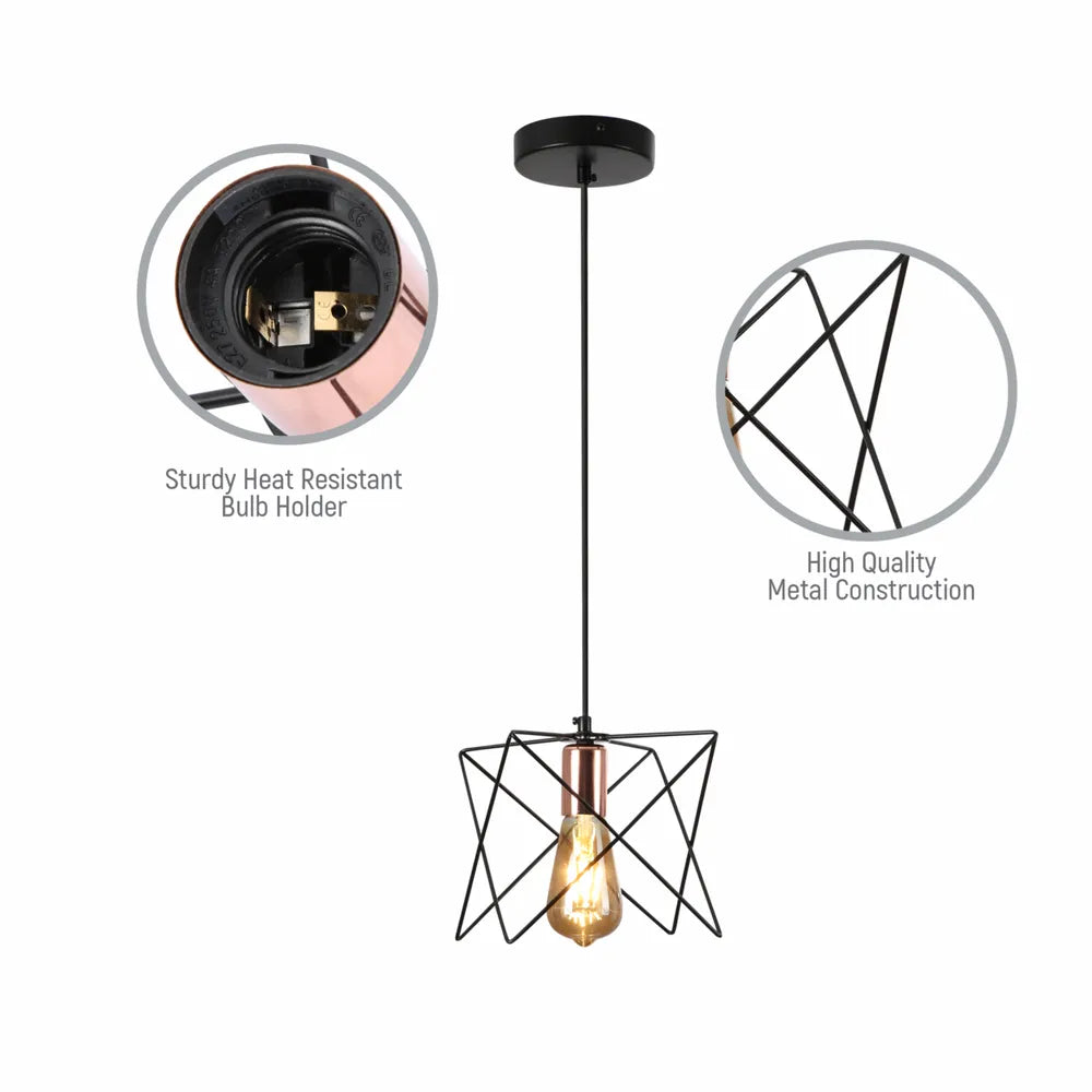 Details of the Star Cage Pendant Light with Rose Gold Accent and Black Metal Frame-159-17026