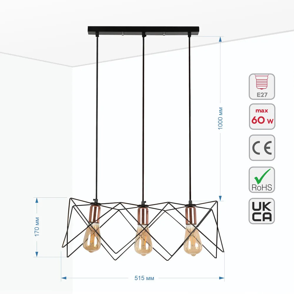 Size and technical specs of the Star Cage Pendant Light with Rose Gold Accent and Black Metal Frame-159-17028