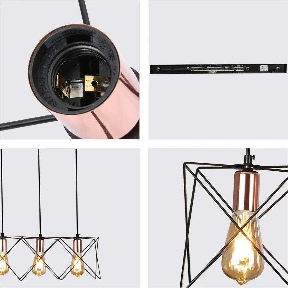 Close shot of the Star Cage Pendant Light with Rose Gold Accent and Black Metal Frame-159-17030