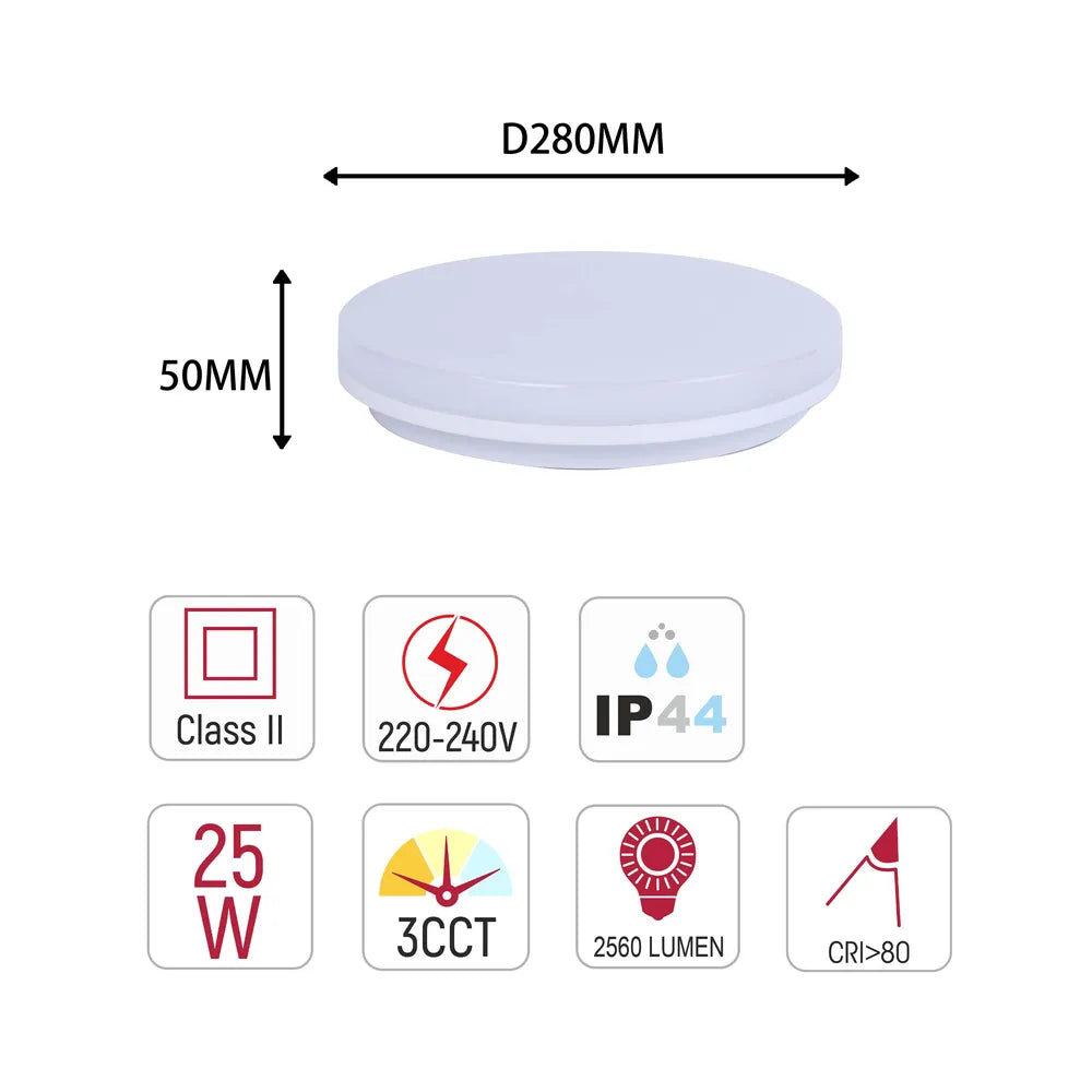 Size and technical specs of the Svet- LED NIKA ROUND 25W 3CCT IP44 (TEKLED)-118-033871