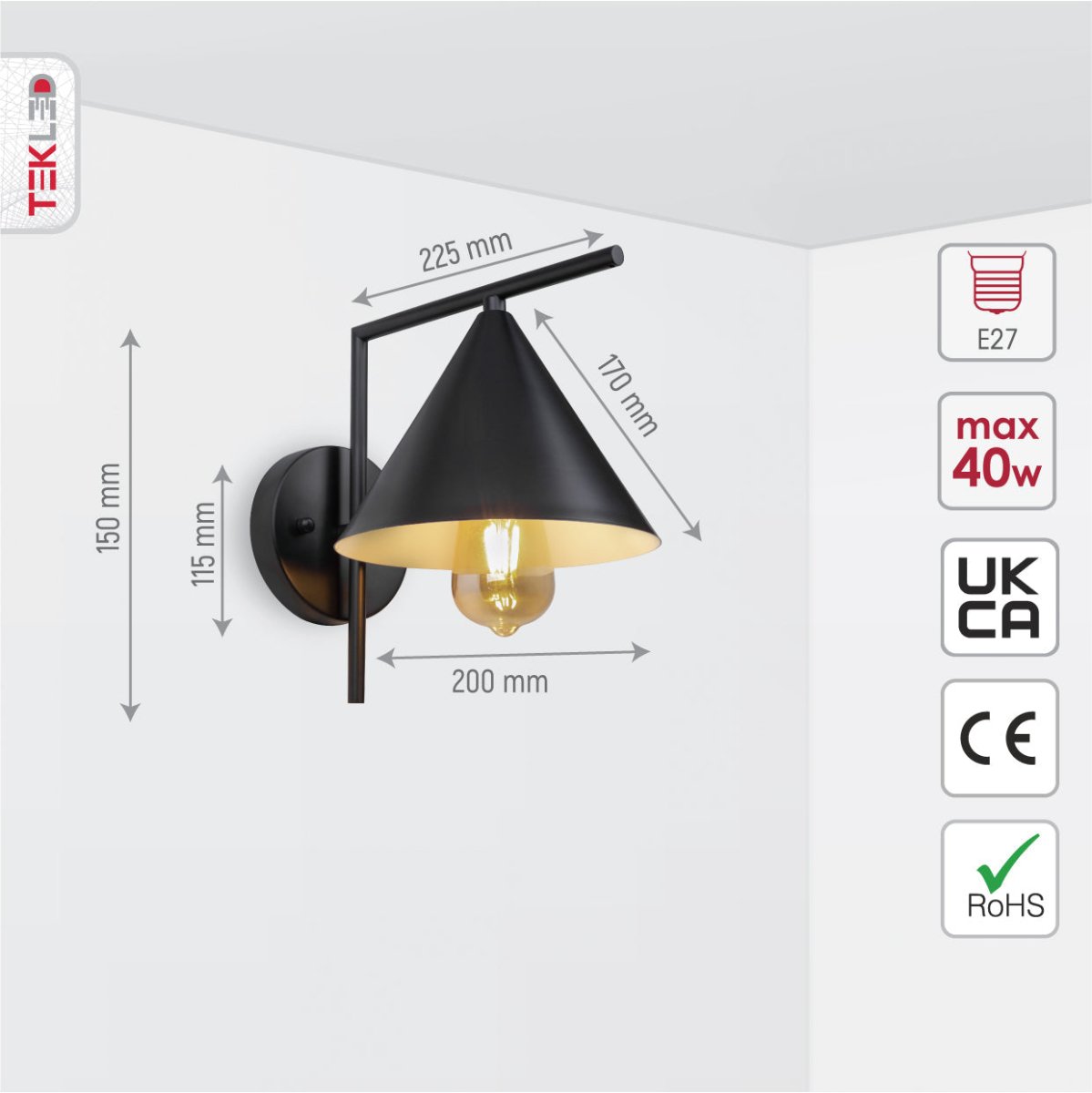 Technical specs and measurements for Black Metal Funnel Wall Light with E27 Fitting