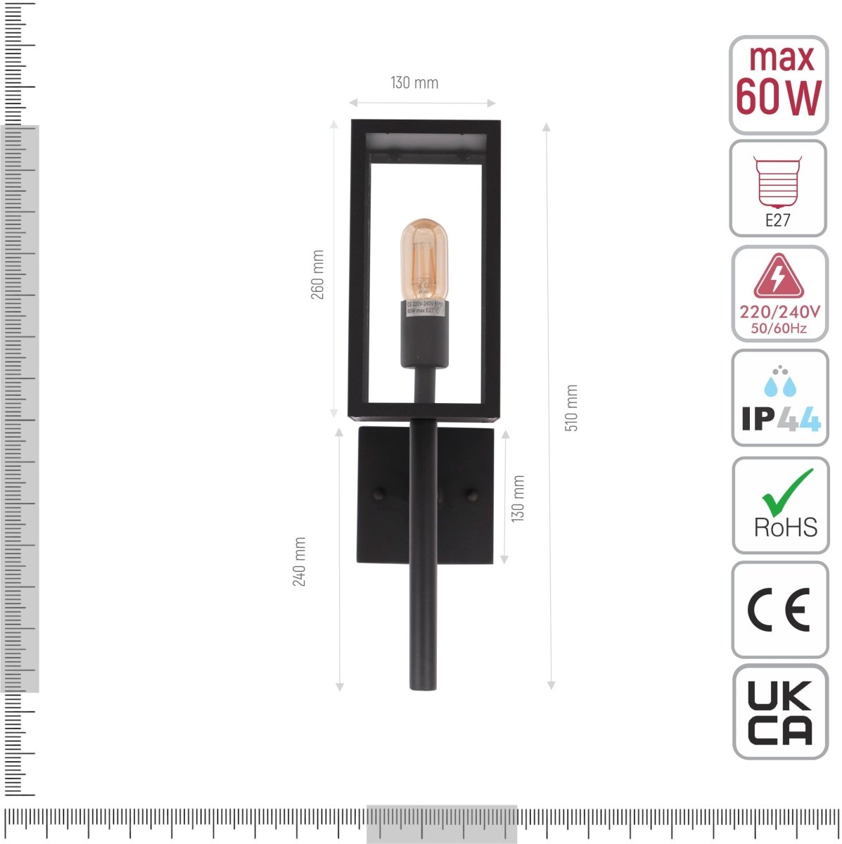 Technical specifications and measurements for Cube Scone Wall Lamp Matt Black Clear Glass E27