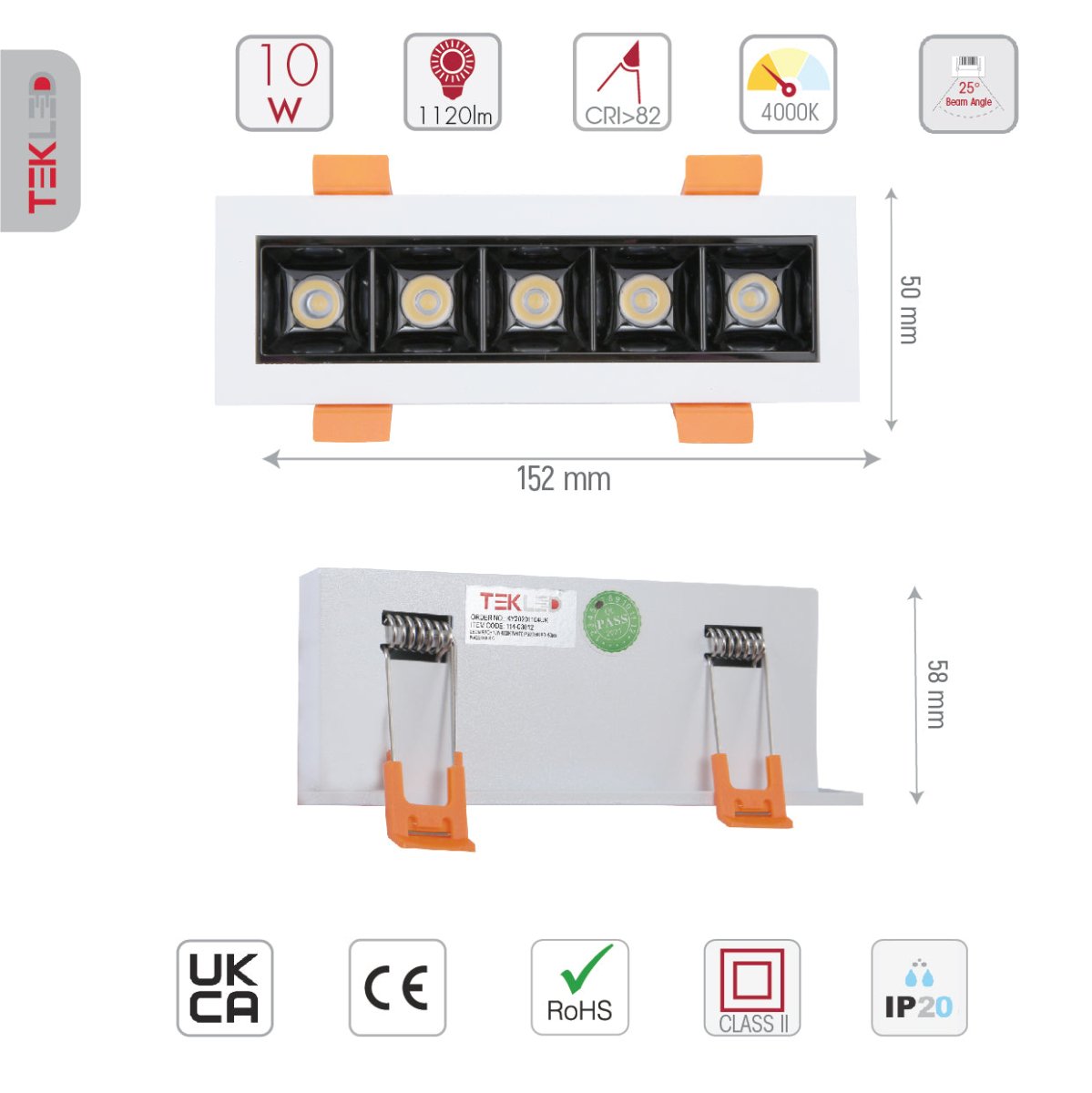 Technical specs and measurements for LED Mirage Blade Recessed Downlight 10W Cool White 4000K White IP20