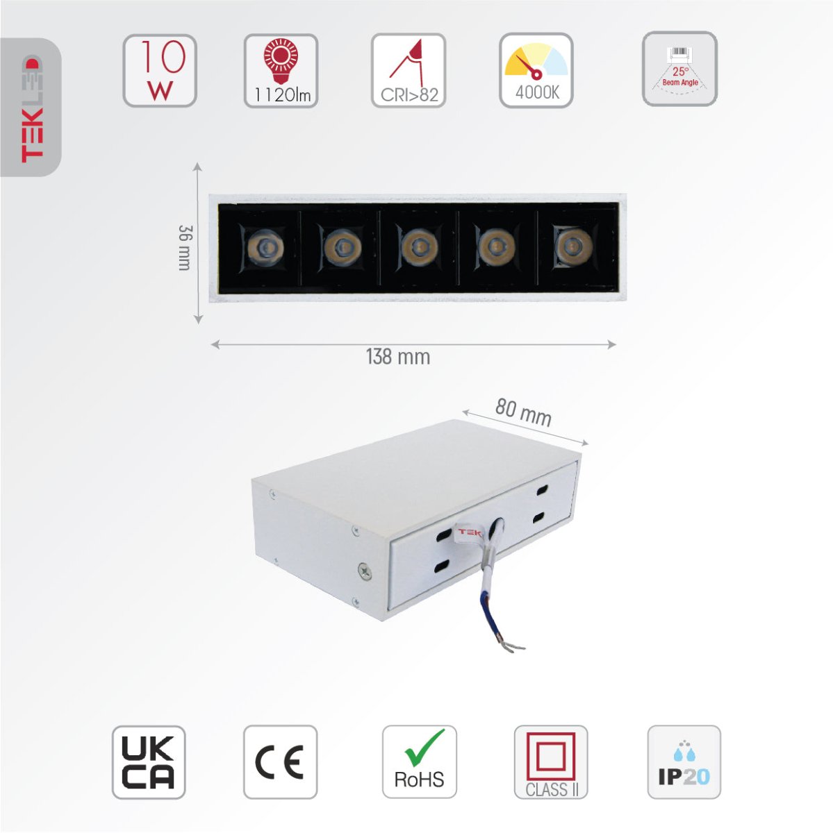 Technical specs and measurements for LED Mirage Blade Surface Mount Downlight 10W Cool White 4000K White IP20