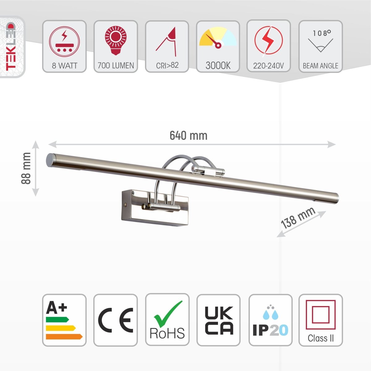 Technical specs and measurements for LED Mirror and Painting Light 8W Warm White 3000K Chrome 64cm