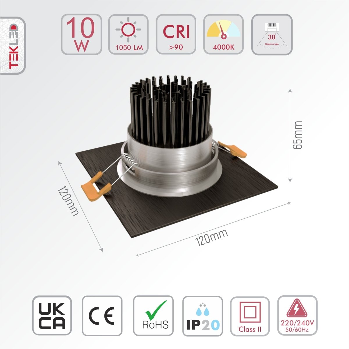 Technical specs and measurements for LED Recessed Downlight 10W Cool White 4000K Black IP20