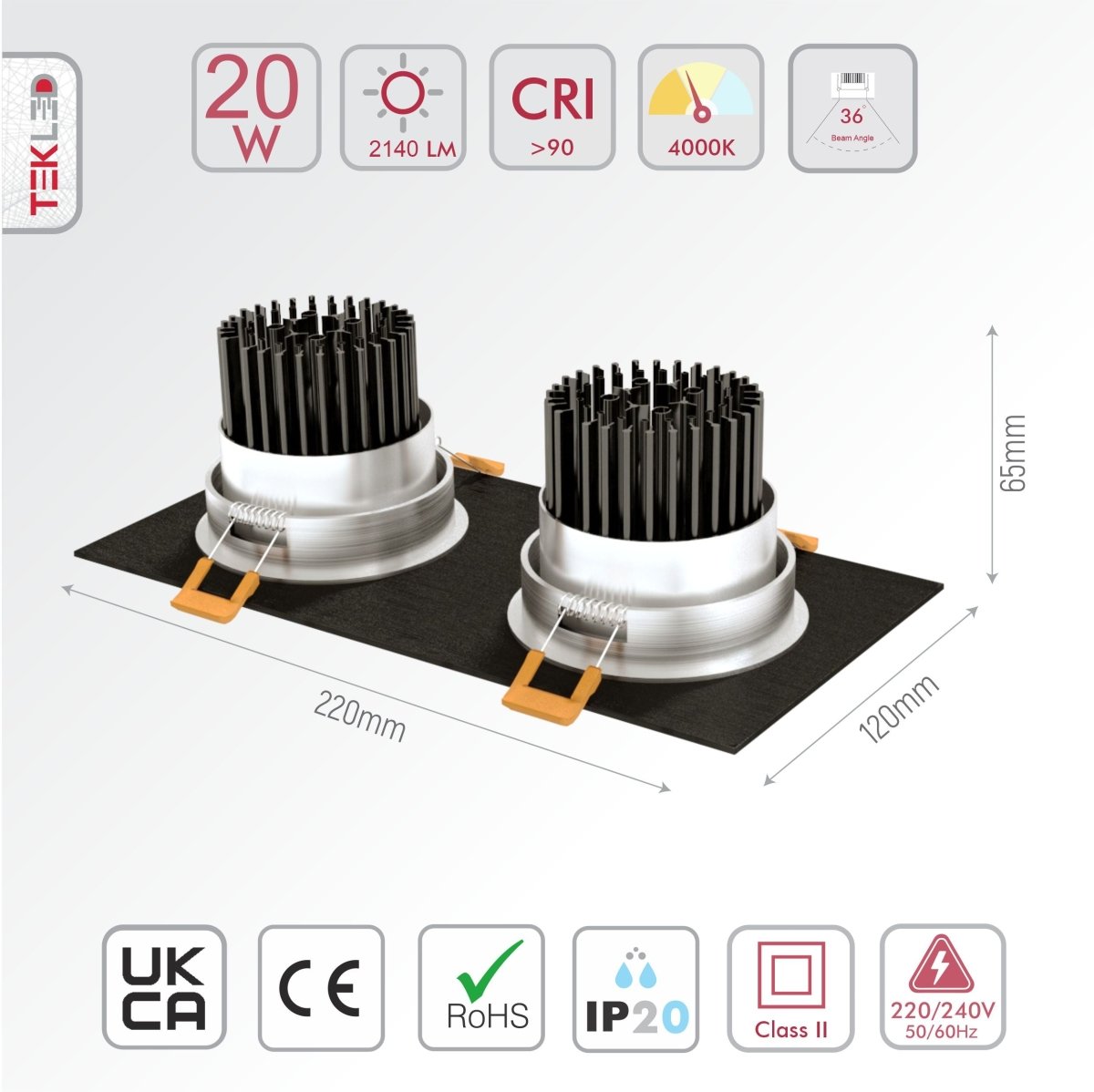 Technical specs and measurements for LED Recessed Downlight 2X10W Cool White 4000K Black IP20