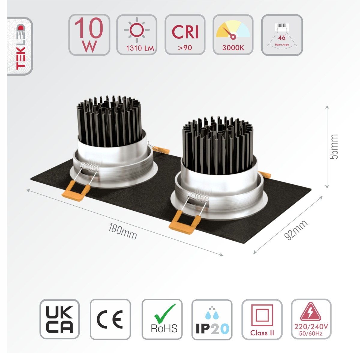 Technical specs and measurements for LED Recessed Downlight 2X5W Warm White 3000K Black IP20