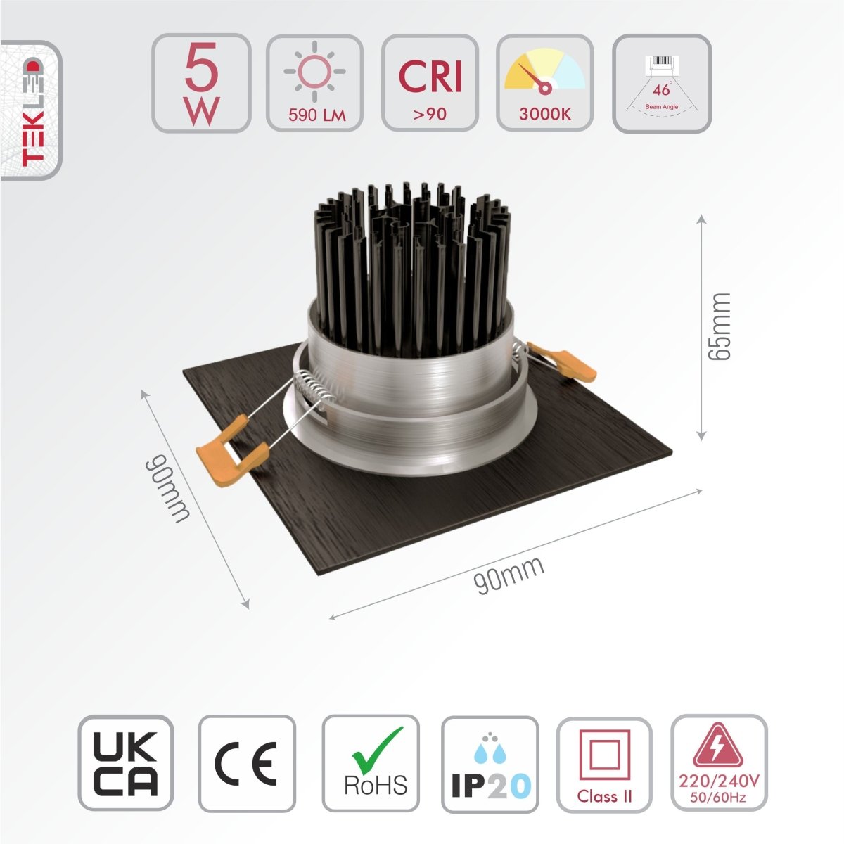 Technical specs and measurements for LED Recessed Downlight 5W Warm White 3000K Black IP20