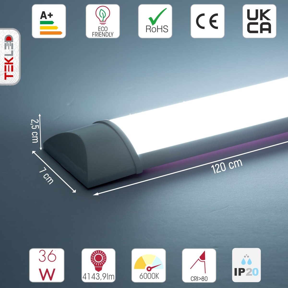 Technical specs and measurements for LED Surface Mounted Linear Fitting 36W 6500K Cool Daylight IP20 120cm 4ft