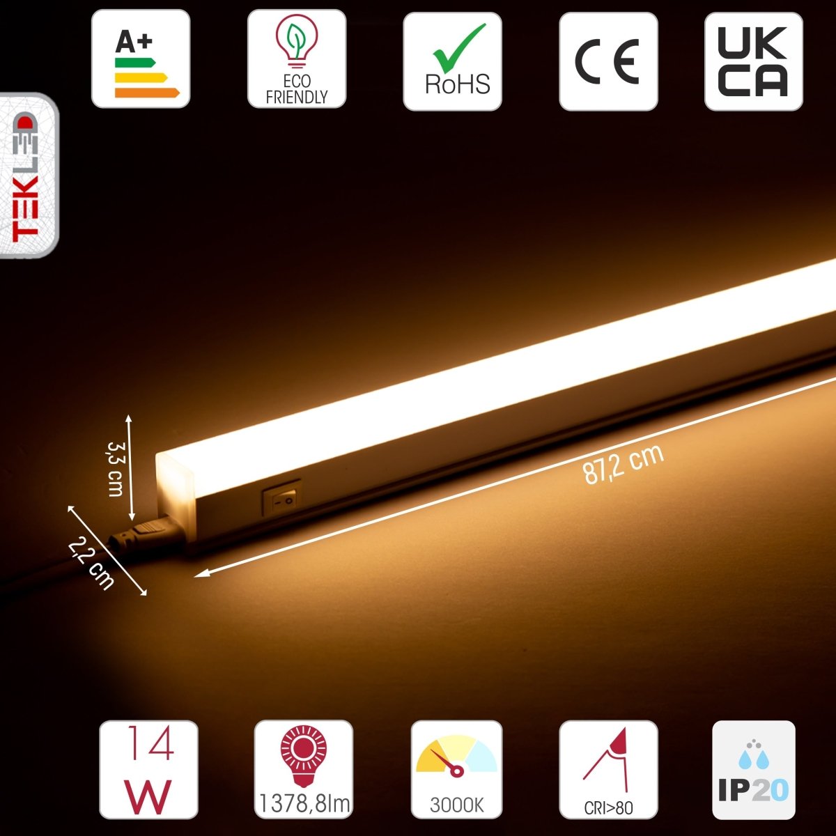 Technical specs and measurements for LED T5 Under Cabinet Link Light 14W 3000K Warm White IP20 with switch 872mm 3ft