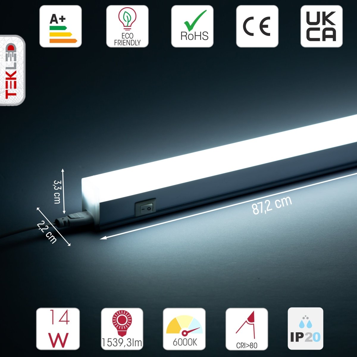 Technical specs and measurements for LED T5 Under Cabinet Link Light 14W 6500K Cool Daylight IP20 with switch 872mm 3ft