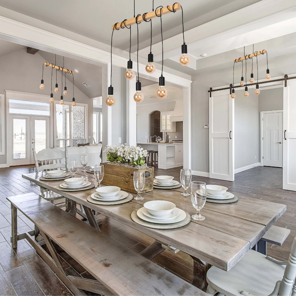 Rustic Wooden and Bamboo Beam Pendant Lights with Multiple Lamp Holders