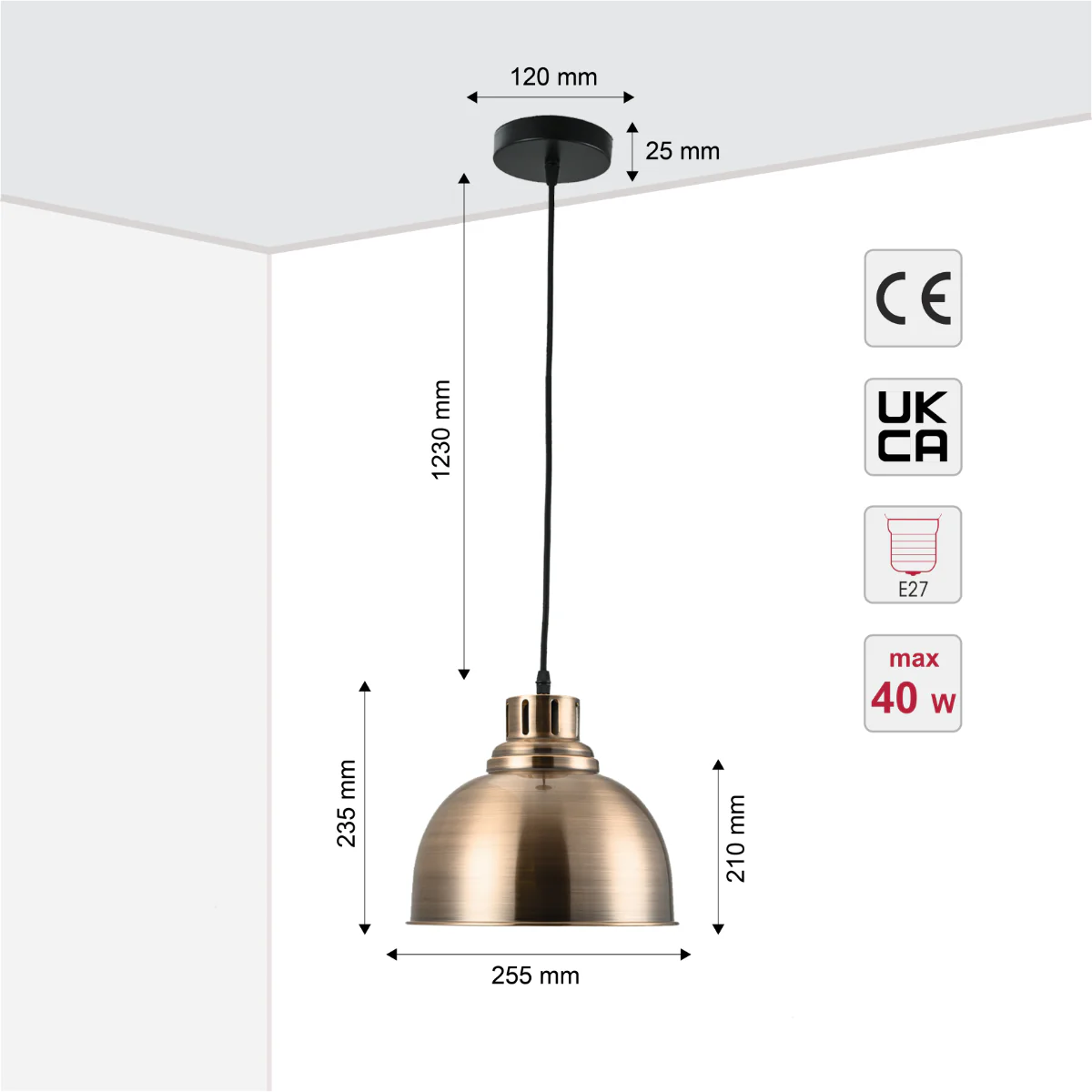 Size and certifications of Timeless Classic Dome Pendant Light 150-18442