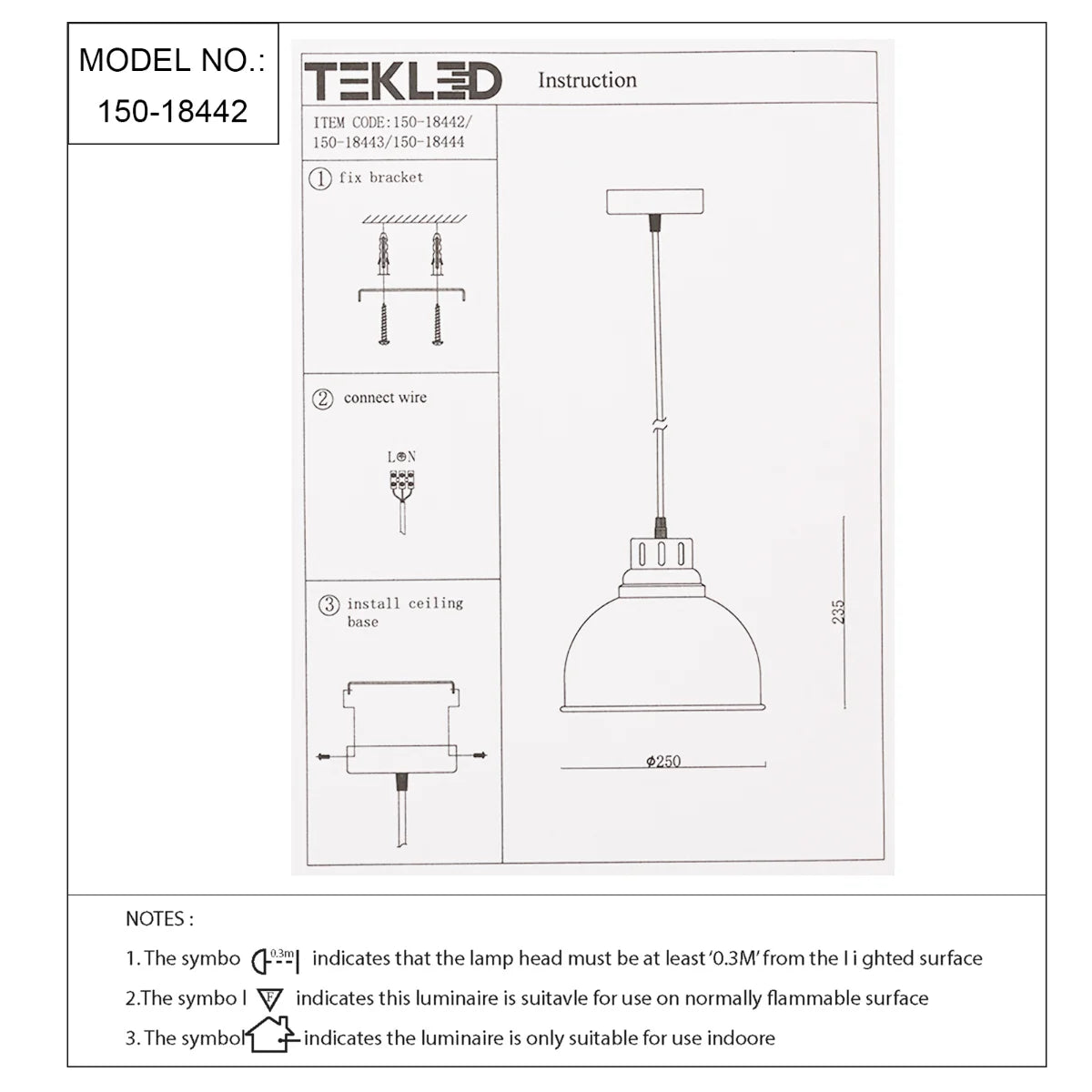 Technical specs of Timeless Classic Dome Pendant Light 150-18442