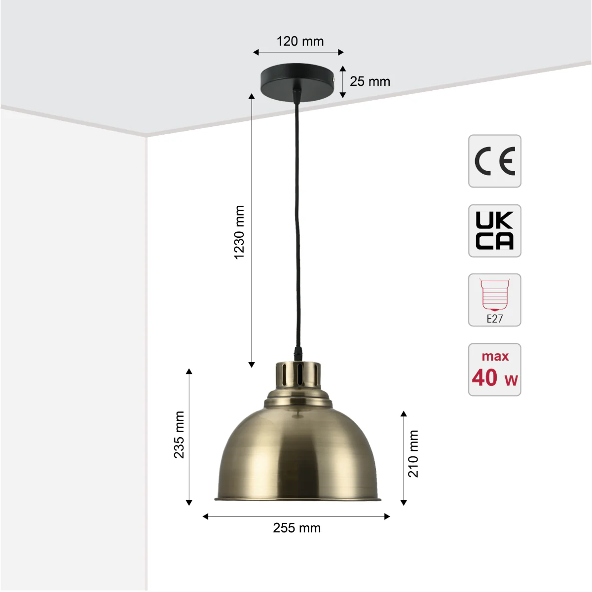 Size and certifications of Timeless Classic Dome Pendant Light 150-18443