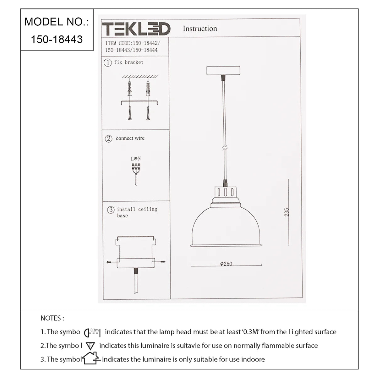 Technical specs of Timeless Classic Dome Pendant Light 150-18443