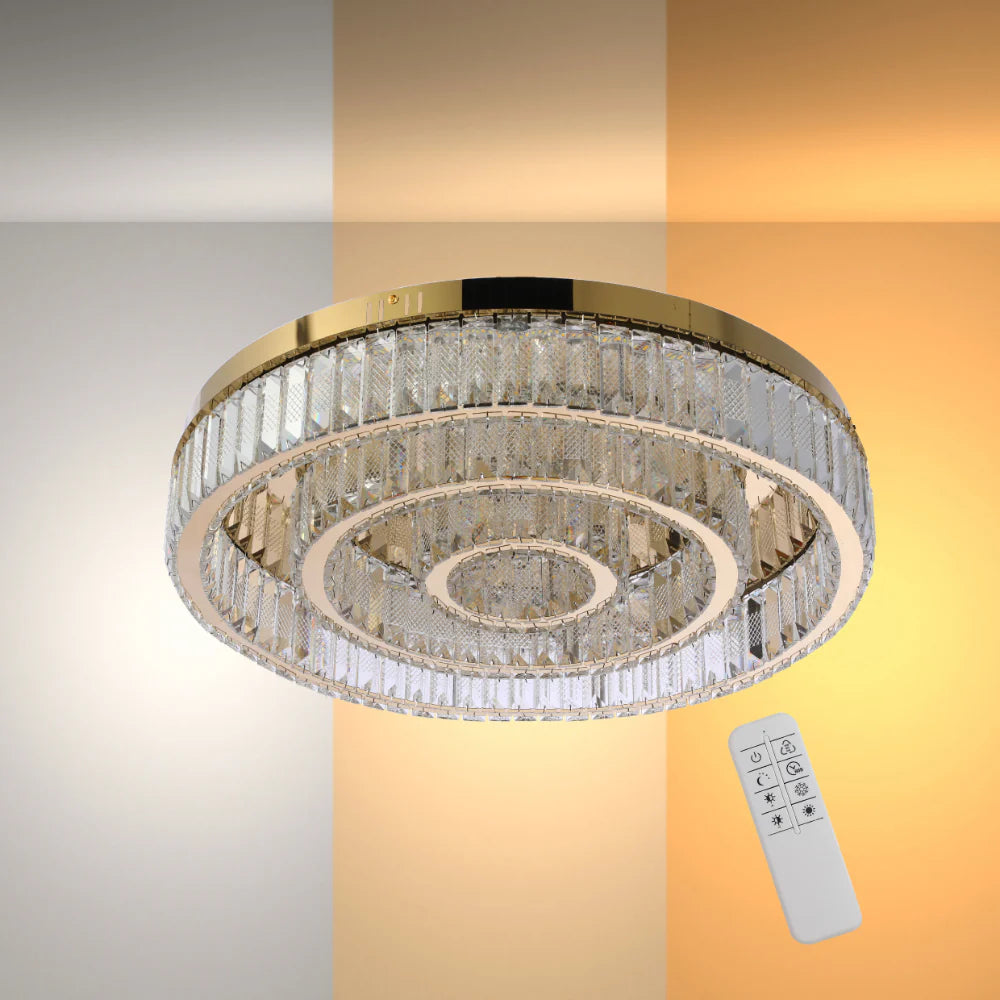 Triple Nested Ring Crystal Flush Ceiling Chandelier Light with Remote Control 3 Colour D600mm