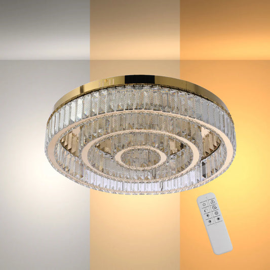 Triple Nested Ring Crystal Flush Ceiling Chandelier Light with Remote Control 3 Colour D600mm